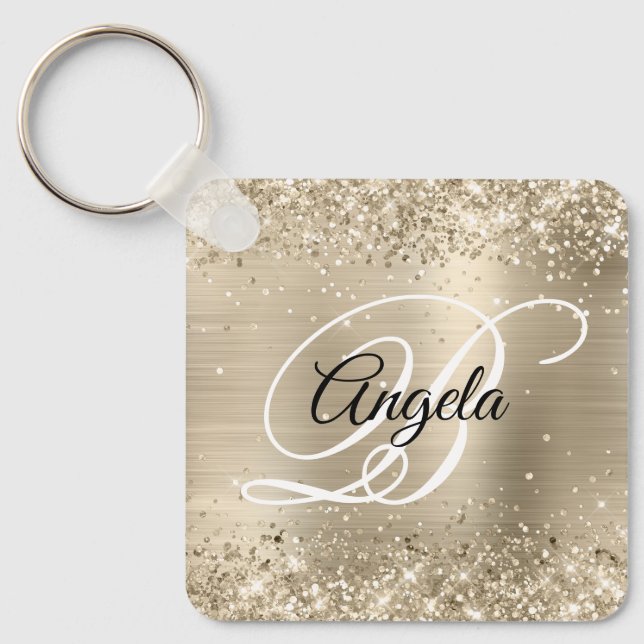 Glittery Light Gold Foil Fancy Monogram Keychain (Front)
