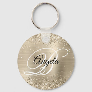 Glittery Light Gold Foil Fancy Monogram Keychain