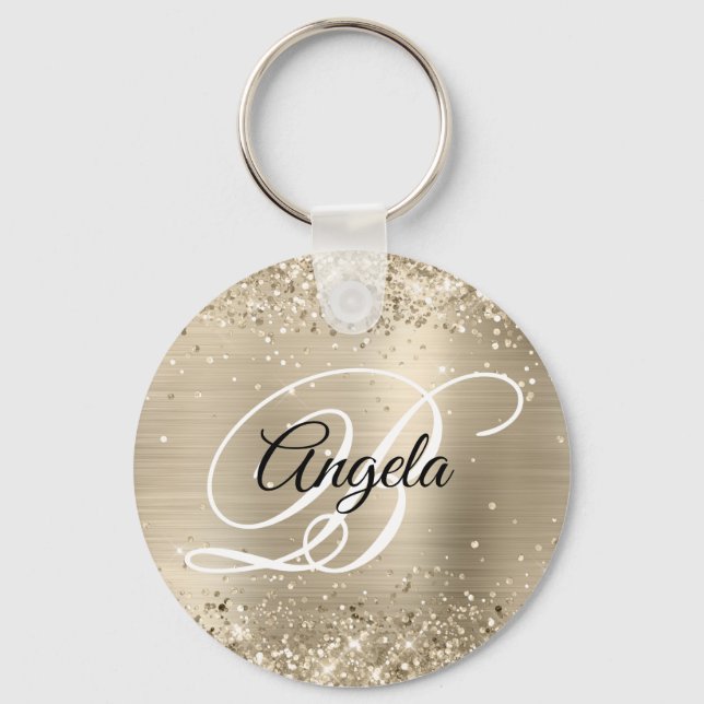 Glittery Light Gold Foil Fancy Monogram Keychain (Front)