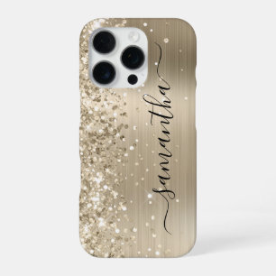 Glittery Light Gold Metallic Girly Signature iPhone 16 Pro Case