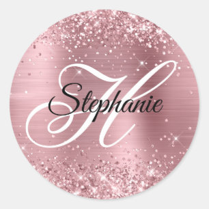 Glittery Light Pink Foil Fancy Monogram Classic Round Sticker