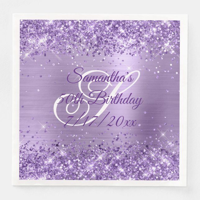 Glittery Light Purple 50th Birthday Napkin (Front)
