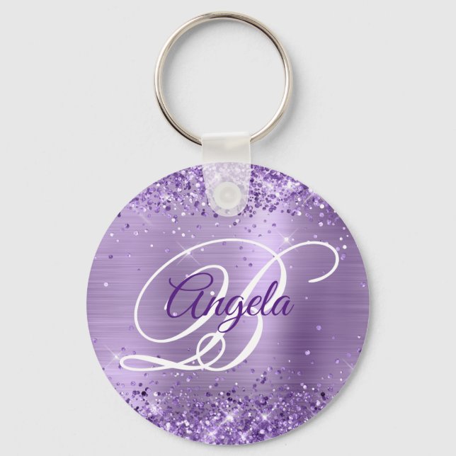Glittery Light Purple Foil Fancy Monogram Keychain (Front)