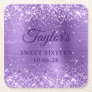 Glittery Light Purple Foil Sweet 16 Square Paper Coaster