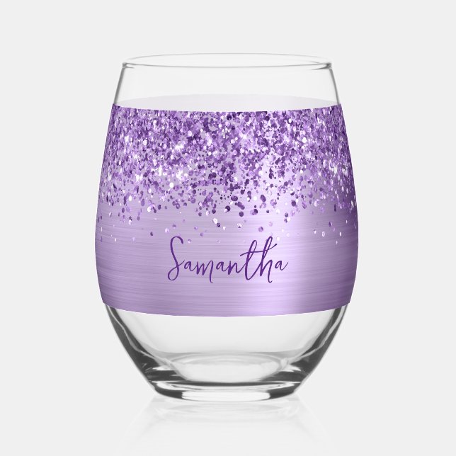 Glittery Light Purple Glam Name Stemless Wine Glass (Front)