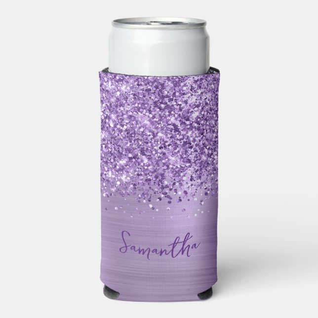 Glittery Light Purple Glam Script Name Seltzer Can Cooler (Seltzer Front)