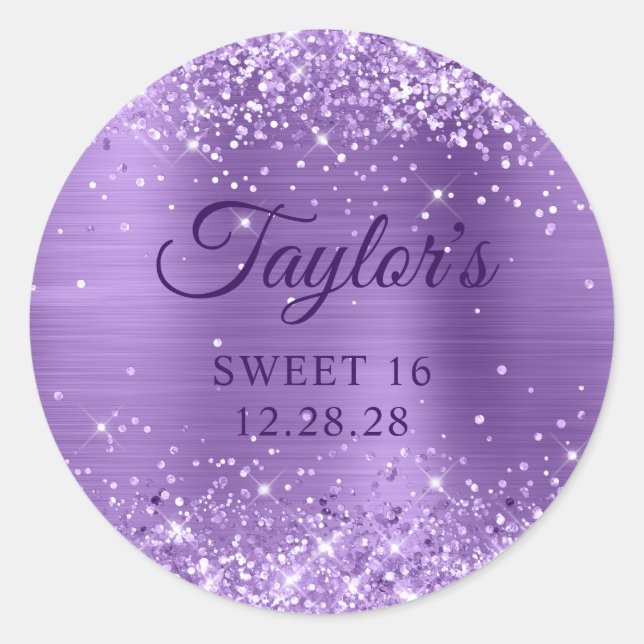 Glittery Light Purple Sweet 16 Classic Round Sticker (Front)