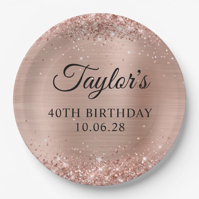 Glittery Light Rose Gold Foil 40th Birthday Paper Plate (Front)