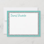 Glittery Light Teal and Silver Thank You Flat Card<br><div class="desc">This trendy flat card features bold lettering on the front with a layered look in silver glitter and white,  and a solid coloured background. Add your text using the template form. Change the font,  layout and colours using the Customize feature.</div>