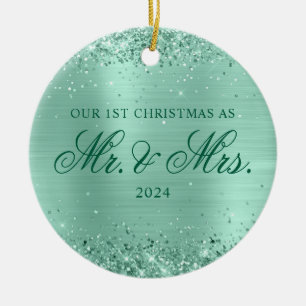 Glittery Light Teal Foil Our 1st Christmas Photo Ceramic Ornament