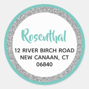 Glittery Light Teal & Silver Return Address Classic Round Sticker