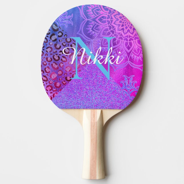 Glittery Lotus Leopard Monogram  Ping Pong Paddle (Front)