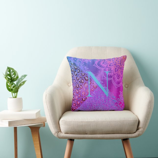 Glittery Lotus Leopard Monogram  Throw Pillow (Chair)