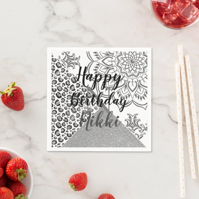 Glittery Mandala Leopard Personalized Birthday     Napkin (Insitu)