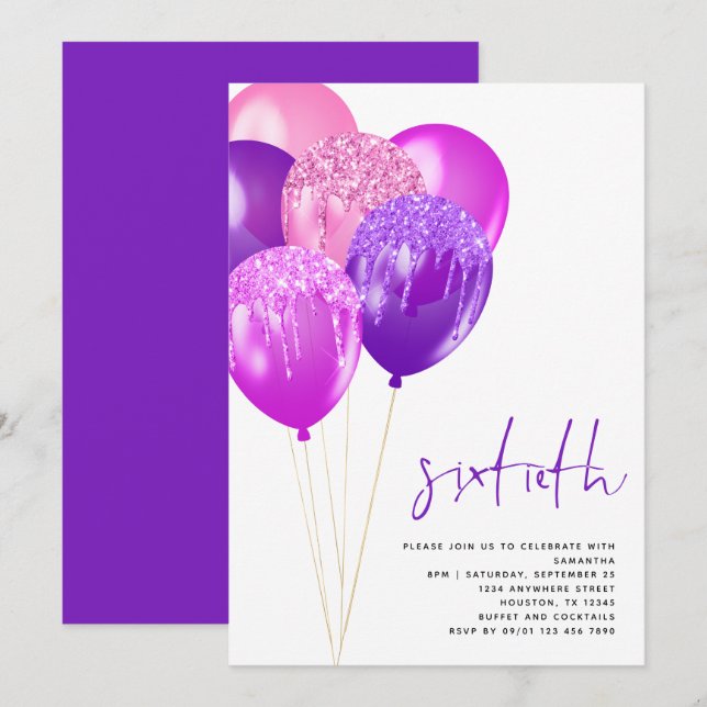 Glittery Mauve Fuchsia Balloons 60th Birthday Invitation (Front/Back)