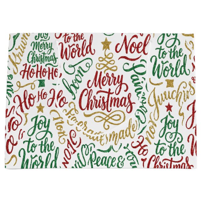Glittery Merry Christmas and Joy Typography Large Gift Bag (Front)