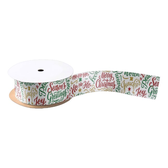 Glittery Merry Christmas and Joy Typography Satin Ribbon (Spool)