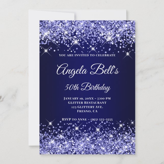 Glittery Navy Blue Ombre Fancy Monogram Invitation (Front)