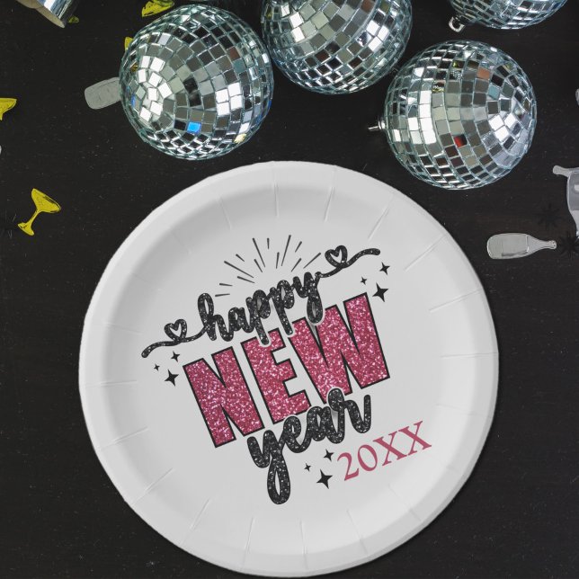 Glittery New Year's Eve Party  Paper Plate (Glittery Happy New Year Party Plate)