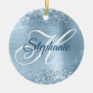Glittery Pale Blue Foil Fancy Monogram Ceramic Ornament