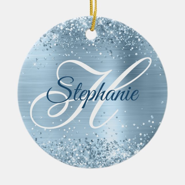 Glittery Pale Blue Foil Fancy Monogram Ceramic Ornament (Front)