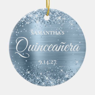 Glittery Pale Blue Quinceañera Photo Ceramic Ornament