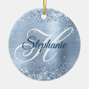 Glittery Pale Dusty Blue Foil Fancy Monogram Ceramic Ornament