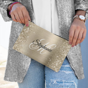 Glittery Pale Gold Foil Fancy Monogram Accessory Pouch