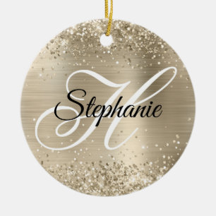 Glittery Pale Gold Foil Fancy Monogram Ceramic Ornament
