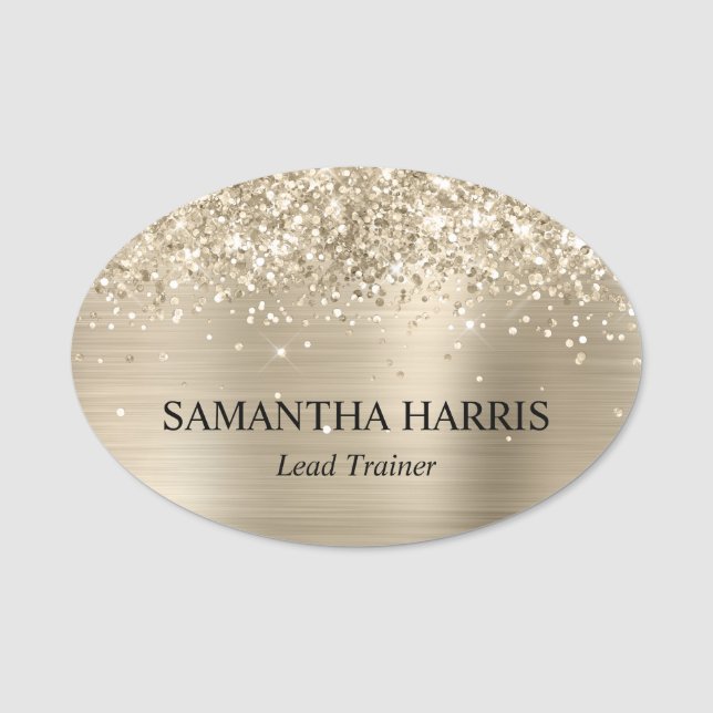 Glittery Pale Gold Foil Rectangle Logo Name Tag (Front)