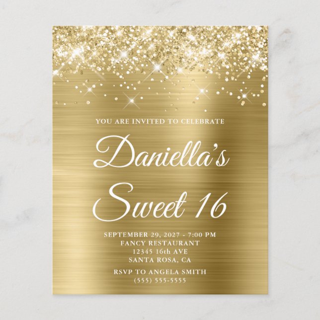 Glittery Pale Gold Foil Sweet 16 Budget Invite (Front)