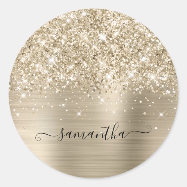 Glittery Pale Gold Girly Signature Calligraphy Classic Round Sticker (Front)