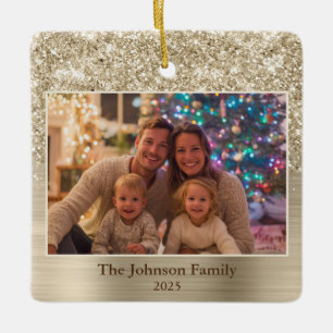 Glittery Pale Gold Glam Family Photo Ceramic Ornament