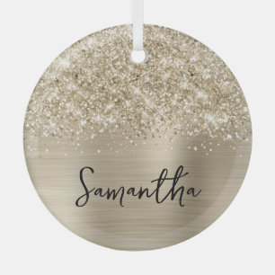 Glittery Pale Gold Glam Name Glass Ornament