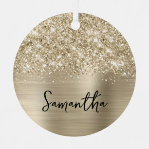 Glittery Pale Gold Glam Name Metal Ornament