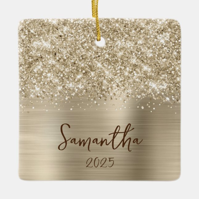 Glittery Pale Gold Glam Name Photo Ceramic Ornament (Front)