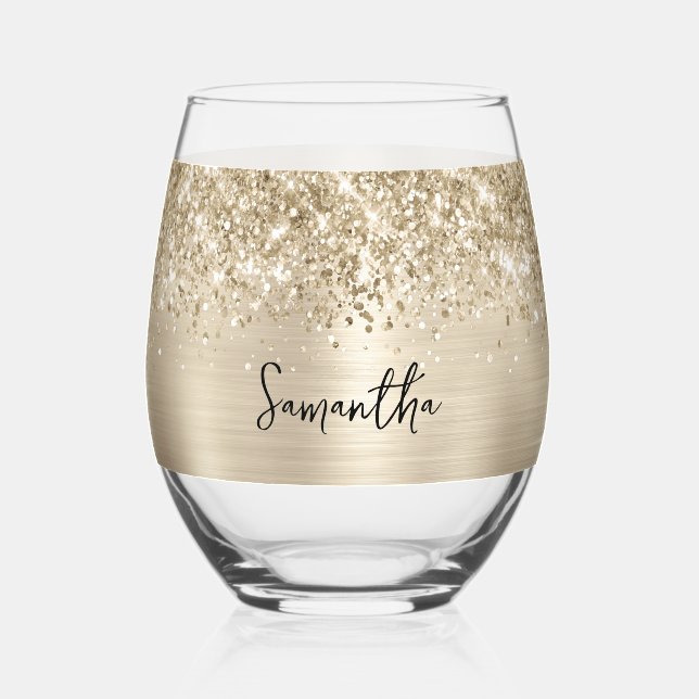 Glittery Pale Gold Glam Name Stemless Wine Glass (Front)