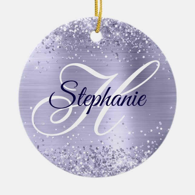 Glittery Pale Metallic Purple Fancy Monogram Ceramic Ornament (Front)