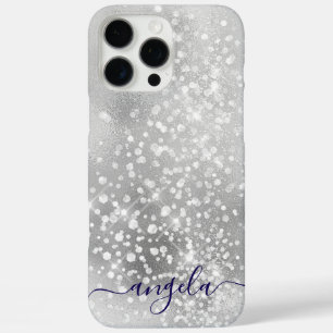 Glittery Pale Silver Glam Signature iPhone 16 Pro Max Case