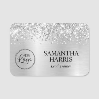 Glittery Pale Silver Grey Gradient Glam Logo Name Tag