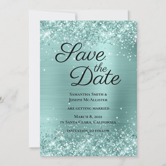 Glittery Pale Turquoise Ombre Foil Save The Date (Front)