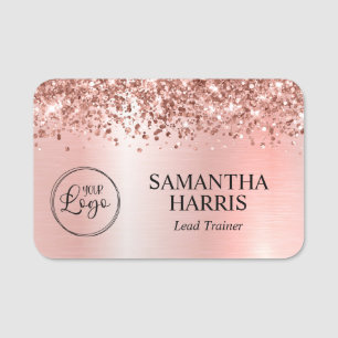 Glittery Pastel Pink and Rose Gold Glam Logo Name Tag