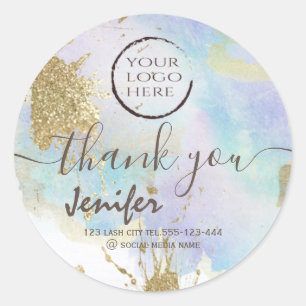 Glittery pastel watercolor logo script thank you classic round sticker