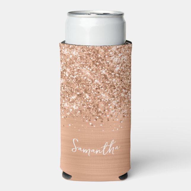 Glittery Peach Glam Script Name Seltzer Can Cooler (Seltzer Front)