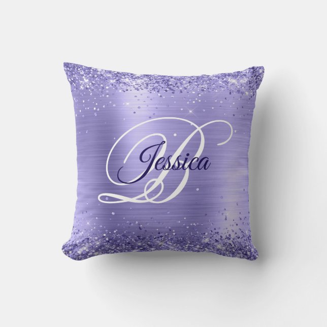 Glittery Periwinkle Foil Fancy Monogram Throw Pillow (Front)
