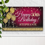 Glittery Pink and Gold Happy 50th Birthday Banner<br><div class="desc">Fun banner sign for indoors or out,  featuring some glam metallic balloons and glittery confetti on a rich textured dark pink background for your personalized birthday banner.</div>