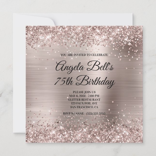 Glittery Pink Champagne Faux Foil 75th Birthday Invitation (Front)