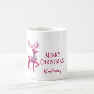 Glittery Pink Deer Merry Christmas Name Mug