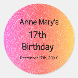 Glittery Pink Orange 17th Birthday Custom Age 2024 Classic Round Sticker