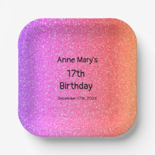 Glittery Pink Orange 17th Birthday Custom Age 2024 Paper Plate